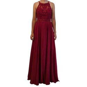 Mori Lee Burgundy/Garnet Halter Lace Beaded Bodice Chiffon Bridesmaid Dress